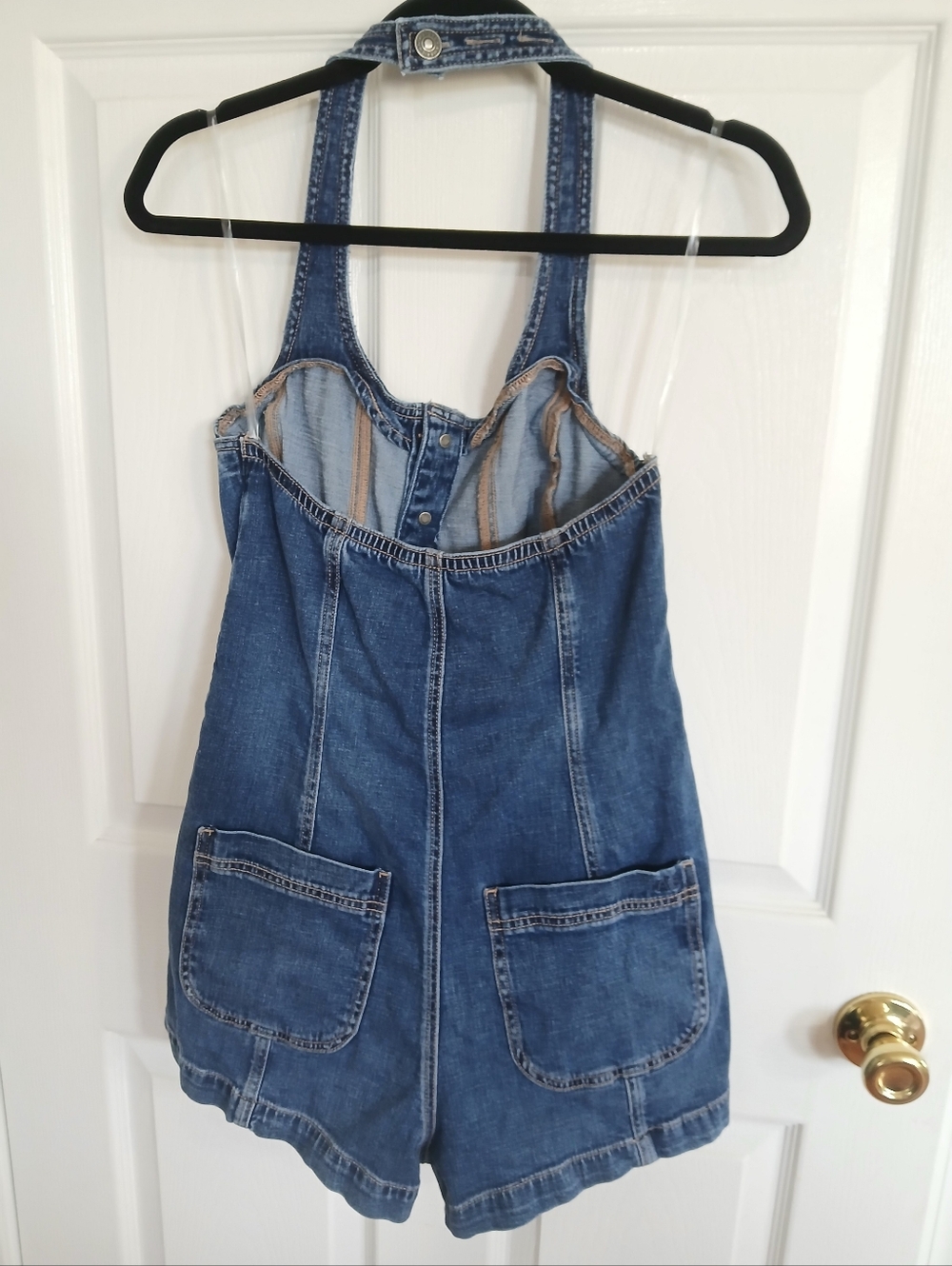 American Eagle Denim Button-Front Halter Romper in Dark Blue 70s Boho Western - Picture 5 of 9